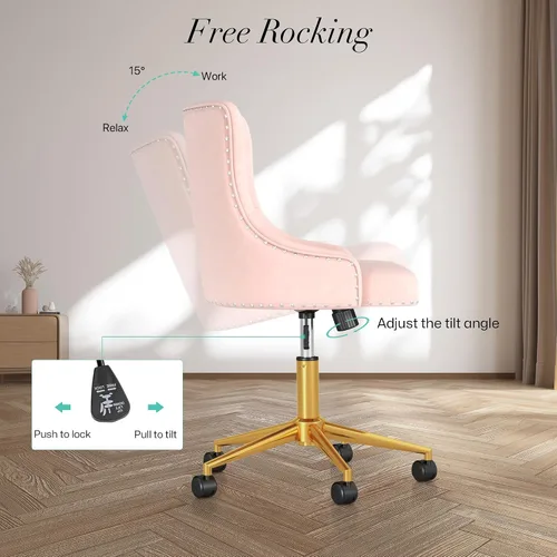 Vista 6 de Silla giratoria moderna, cómoda silla de escritorio tapizada de terciopelo con ribete de cabeza de clavo, silla de tocador ajustable sin brazos