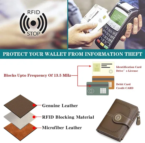 Vista 4 de SENDEFN Carteras pequeñas para mujer, con bloqueo RFID, de cuero, plegable, tarjetero con ventana de identificación, (4-brown), Cartera pequeña