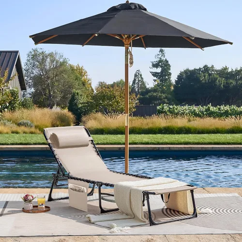 Vista 4 de Flamaker Silla de Tumbona Plegable Ajustable en 5 Posiciones, Silla para Tomar el Sol con Bolsillo Lateral, Silla de Bronceado al Aire Libre