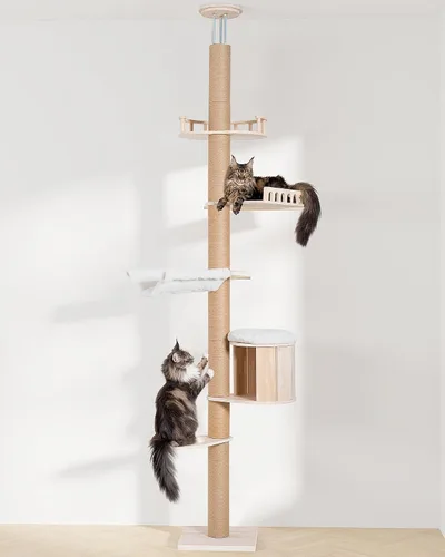 Vista 6 de Aechonow Árbol alto de piso a techo para gatos grandes, torre para gatos con poste rascador, altura ajustable (82-122 pulgadas), cama cueva grande