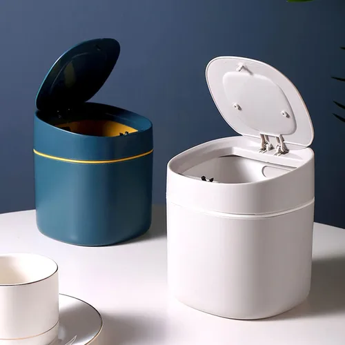Vista 2 de LTWQLing - Bote de basura pequeño de plástico con tapa - Papelera emergente de 2 L para tocador de baño, escritorio, mesa o mesa auxiliar - Para