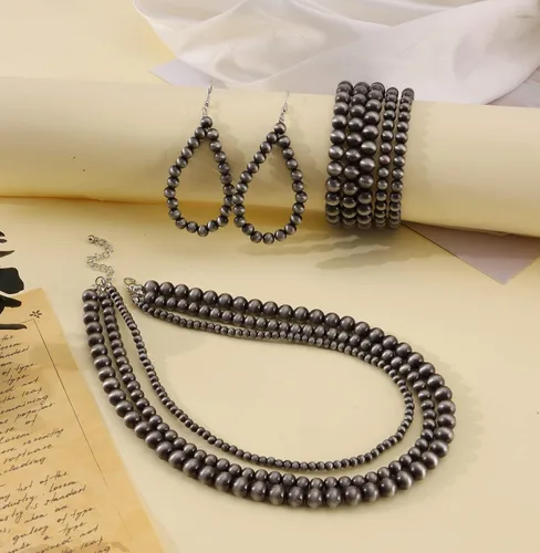 Vista 7 de MOZAKA Juego de joyas occidentales para mujer, incluye collar de perlas navajo, estilo vaquera, estilo occidental, aretes y pulseras de perlas