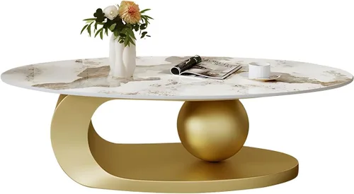 Vista 3 de LITFAD Mesa de centro moderna de piedra con base de metal abstracta para sala de estar, mesa central para muebles del hogar, color negro, 19.7