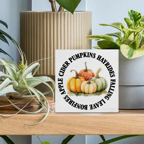 Vista 3 de Decoración de otoño con diseño de calabazas, letrero de madera para casa de campo, para decoración de interiores, 5 x 5 pulgadas
