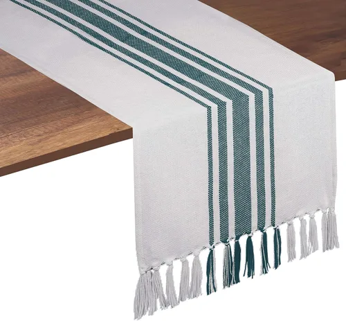 Vista 17 de Native Fab Camino de mesa a rayas grises – Mantel bohemio de 72 pulgadas de largo con borlas – 100% algodón, tejido apretado, mantel antideslizante