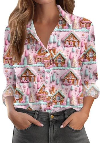 Vista 31 de Camisetas de San Valentín para mujer, camisas con botones, blusas de corazón, elegantes, informales, cuello de solapa, manga larga, suave, cómoda