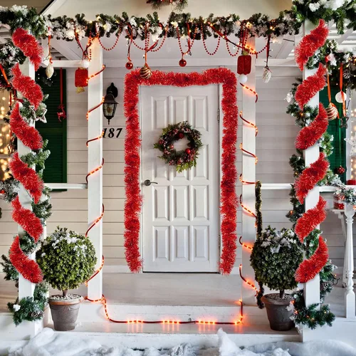 Vista 6 de Boao Guirnalda de oropel rojo de Navidad de 39.6 pies para decoración de árbol de árbol con purpurina metálica brillante, decoración colgante