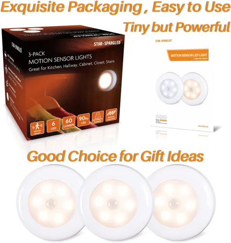 Vista 6 de STAR-SPANGLED Paquete de 3 luces con sensor de movimiento de 2.8 pulgadas para interiores, funciona con pilas AAA, luz LED para pegar en escaleras