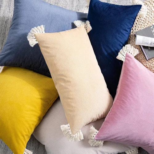 Vista 6 de Phantoscope Paquete de 2 fundas de almohada de pana suave para Halloween y otoño, decorativas de terciopelo a rayas con borlas de algodón, fundas