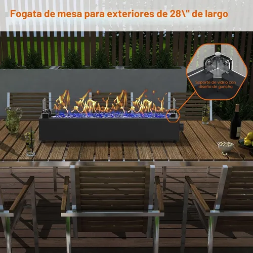 Vista 5 de Fogata de propano de mesa de 28 pulgadas, hoguera de mesa de 40,000 BTU para patio, cuenco de fuego rectangular portátil al aire libre con escudo