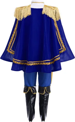 Vista 3 de Disfraz de príncipe azul medieval para niños, disfraz medieval de rey real para Halloween, cumpleaños, disfraz