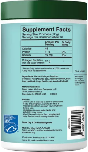 Vista 3 de Great Lakes Wellness Péptidos de colágeno marino sostenibles en polvo para piel, cabello, uñas, articulaciones y digestión – Sin sabor – Hidrolizado