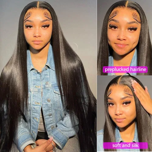 Vista 2 de Pelucas de cabello humano lacio con encaje frontal de 13 x 4, para mujeres negras, densidad del 180 %, pelucas de cabello humano con encaje frontal