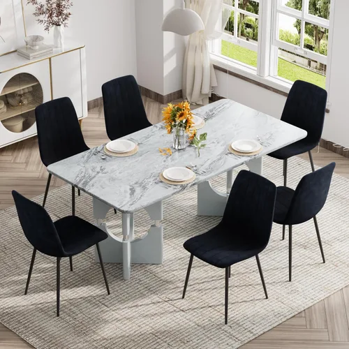 Vista 3 de Moderno juego de mesa rectangular para 6, mesas grandes de mármol sintético gris de 71 pulgadas con base de metal con marco hueco, y 6 sillas