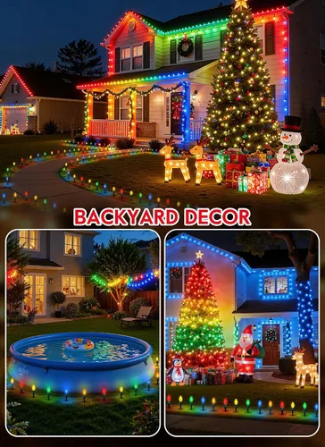 Vista 5 de Brightown Luces de Navidad C9 C9 para exteriores, 25.7 pies, fresa, C9, luces de camino de Navidad con 20 bombillas LED y estacas, decoraciones