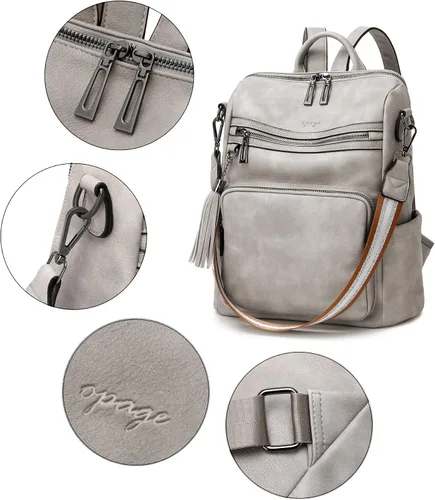 Vista 4 de OPAGE - Mochila de cuero para mujer, con borla de moda, bolso de hombro, mochila grande, bolsa de viaje, gris, L
