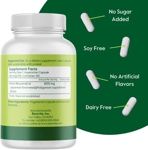 Vista 3 de BESTVITE Resveratrol 600 mg (60 cápsulas vegetarianas) - Trans-resveratrol 98% puro - Sin estearatos - Vegano - Sin gluten - Sin OMG