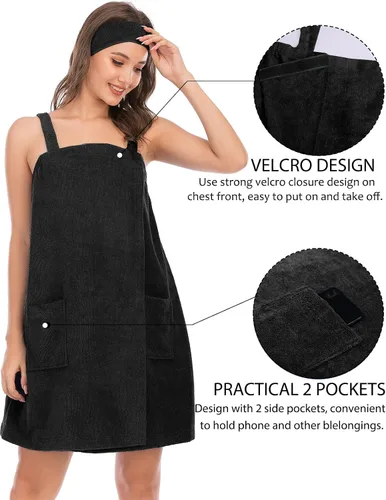 Vista 3 de Rubehoow Bata de baño para mujer con cierre de velcro ajustable con bolsillos y diadema facial