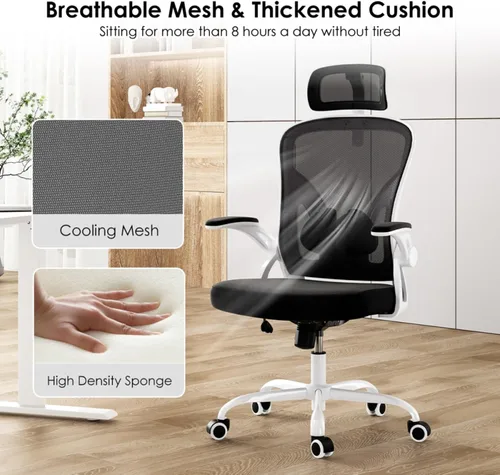 Vista 7 de Silla de oficina ergonómica con reposacabezas ajustable y soporte lumbar, silla de escritorio de malla de respaldo alto con reposabrazos abatibles