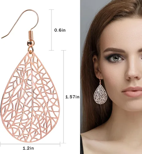 Vista 14 de 14K Gold Plated Silver Rose Gold Teardrop Filigree Dangle Earrings Lightweight Leaf Drop Earrings for Christmas Gift