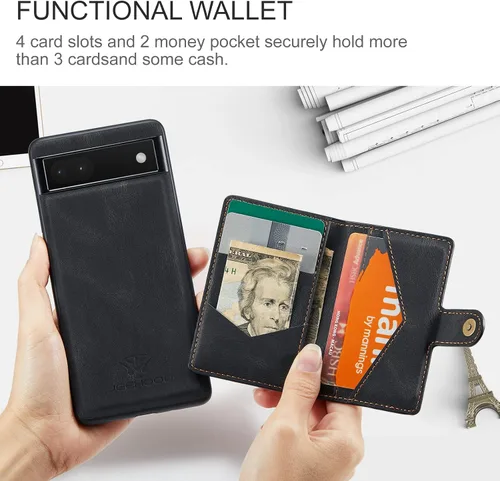 Vista 4 de Funda para Google Pixel 7A, cartera magnética desmontable con ranura para efectivo, soporte de carga inalámbrica, función atril compatible con Negro