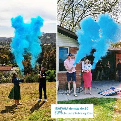 Vista 2 de PrimePure Cañón de confeti para revelación de género, cañones de polvo biodegradables, bomba de humo, color azul, paquete de 2 unidades, para fiesta