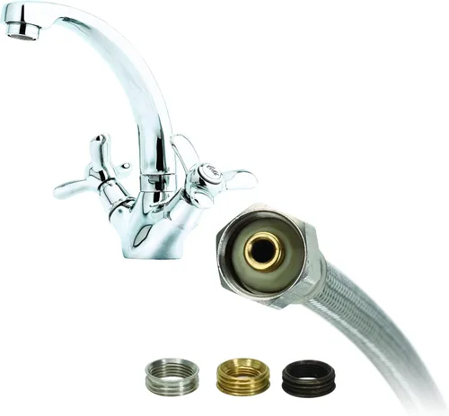 Vista 3 de Fluidmaster Conector de grifo B4F24U con adaptadores de tamaño, acero inoxidable trenzado - compresión 3/8, compresión 7/16, compresión 1/2 o rosca