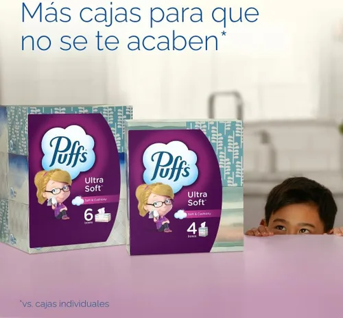 Vista 8 de Puffs - Pañuelos faciales ultra suaves, 1 caja de tamaño familiar, 124 pañuelos faciales por caja