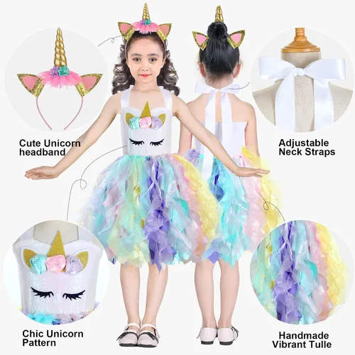Vista 3 de Wish Care Disfraz de unicornio para niñas de 3 a 10 años vestido de tutú de unicornio con lentejuelas disfraz de fiesta de cumpleaños para niños