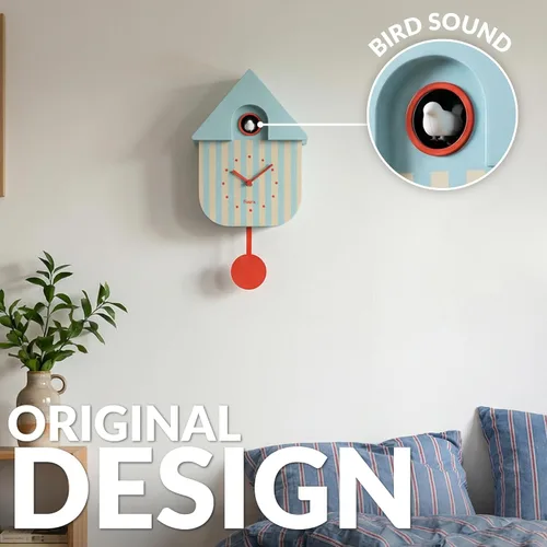 Vista 3 de Fisura - Reloj de pared de cuco a rayas azules y beige con esfera roja - Reloj de pared decorativo moderno, regalo único de decoración del hogar