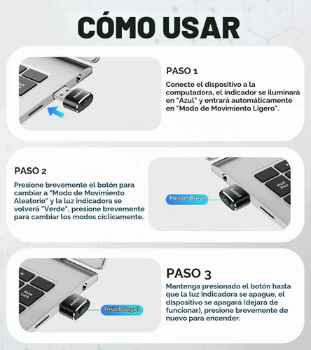 Vista 4 de Mouse USB con botón de interruptor de movimiento, agitador de mouse automático mini con 2 modos de movimiento, sin necesidad de controladores, plug