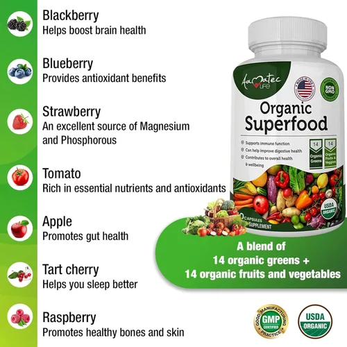 Vista 5 de Organic Superfood Greens - Complejo de frutas y verduras - Suplemento dietético con 14 verduras y 14 frutas y verduras con alfalfa rica