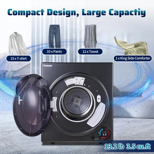 Vista 4 de Secadora portátil para lavandería de 3.5 pies cúbicos, secadora compacta de 1500 W para apartamento, secadora de ropa de carga frontal con bañera