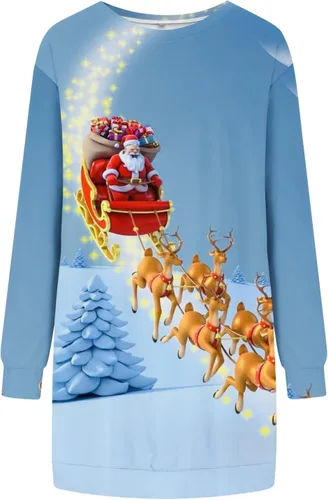 Vista 4 de Vestido con capucha para mujer de Navidad, manga larga, holgado con capucha Vestido lindo con estampado navideño