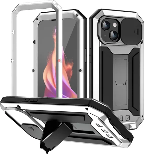 Vista 14 de Simicoo Funda compatible con iPhone 14 con protector de cámara de pantalla con función atril, resistente al agua, de metal militar, resistente