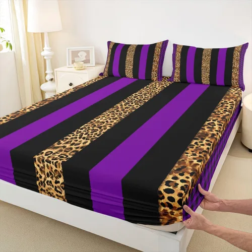 Vista 10 de Manfei Leopard Print Fitted Sheet Twin Size,Blue Brown Black Stripes Bedding Set 2pcs,Wild Animal Cheetah Skin Bed Sheets with 1 Pillowcase,Kids