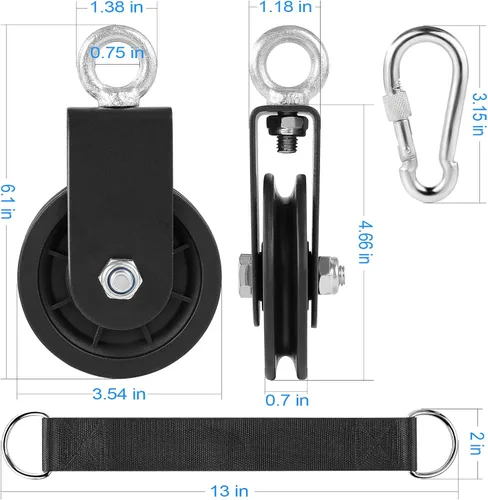 Vista 4 de Polea de cable de 3.54 pulgadas, rueda de tracción de rotación de 360 grados con mosquetón y correa, silencio suave desmontable para sistema