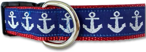 Vista 2 de Collar de perro mediano de 13-19 pulgadas ancla náutica azul rojo collar ajustable hecho a mano USA