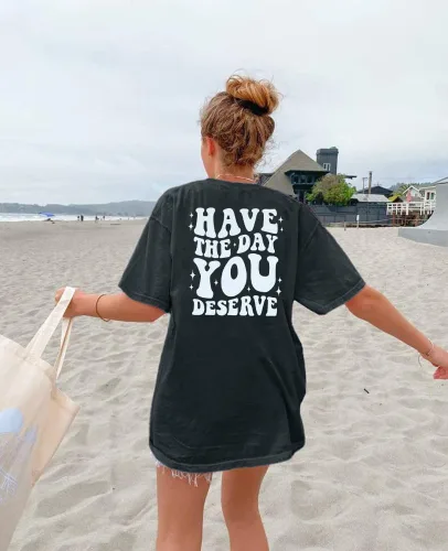 Vista 2 de ASTANFY Camisetas de gran tamaño para mujer camiseta con texto en inglés "Have the Day You Merere", divertidas camisas de esqueleto informales