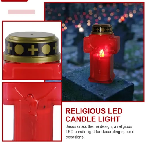 Vista 7 de Cruz LED vela cruz velas sin llama 2 unids religioso devocional LED luces religiosas funciona con pilas s falso rojo