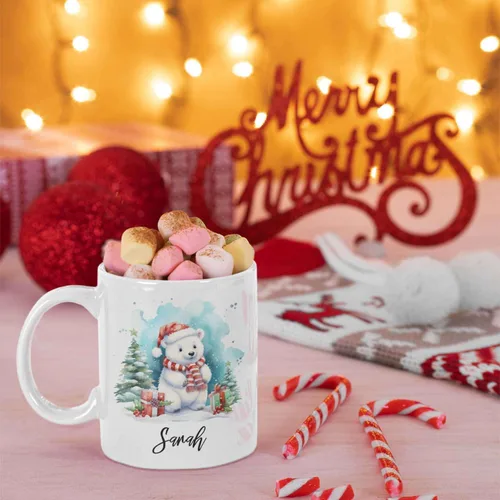 Vista 6 de Taza de regalo de invierno personalizada, taza de café con nombre personalizado con diseño de oso polar, taza de oso polar personalizada, regalo