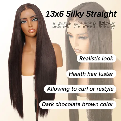 Vista 2 de SOKU 13x6 Peluca de encaje frontal HD transparente de 32" con cabello de bebé sintético pre-depilado resistente al calor de parte libre marrón