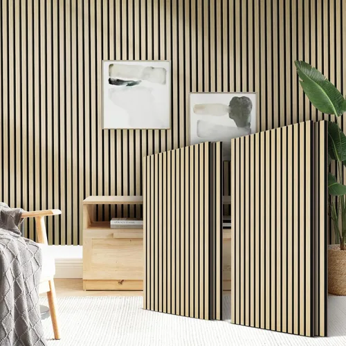 Vista 8 de Paneles de pared acústicos autoadhesivos, paneles acústicos a prueba de sonido de listones de madera para decoración de pared interior, paquete de 4