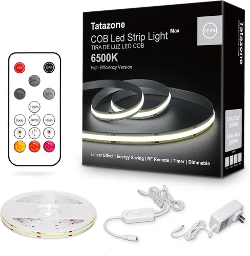 Vista 12 de Tatazone Tira de luces LED COB blancas Max con control remoto RF, 16.4 pies 2700K CRI93+ regulable, tira de luz COB blanca cálida ultra brillante