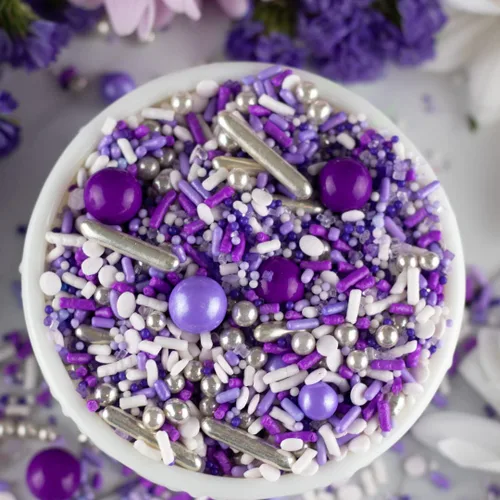 Vista 7 de Sprinkle Pop Mezcla de espolvorear perfectamente morada, gránulos de lavanda púrpura y blanca con grageas plateadas, gránulos de cumpleaños, día