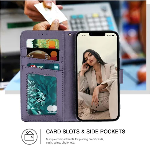 Vista 2 de Funda tipo cartera para iPhone 13 Mini, bloqueo RFID, funda protectora de piel sintética con ranura para tarjetas, bolsillo para efectivo