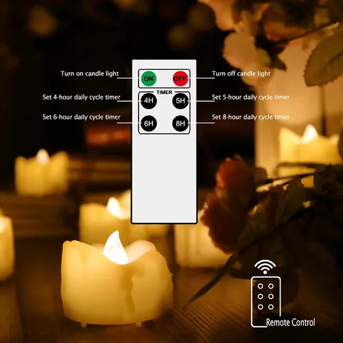 Vista 3 de Velas pequeñas de luz led, efecto de llama parpadeante, con pilas y control remoto. Luces decorativas para bautismo, bodas, fiestas, regalos. 6