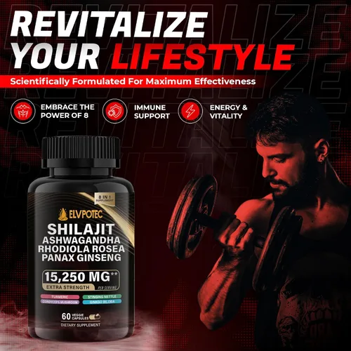Vista 4 de ELVPOTEC 9000 mg Shilajit, 2000 mg Ashwagandha Energy Booster, 1000 mg Rhodiola Rosea, 1500 mg Panax Ginseng, 500 mg de cúrcuma, Ginkgo, 250 mg