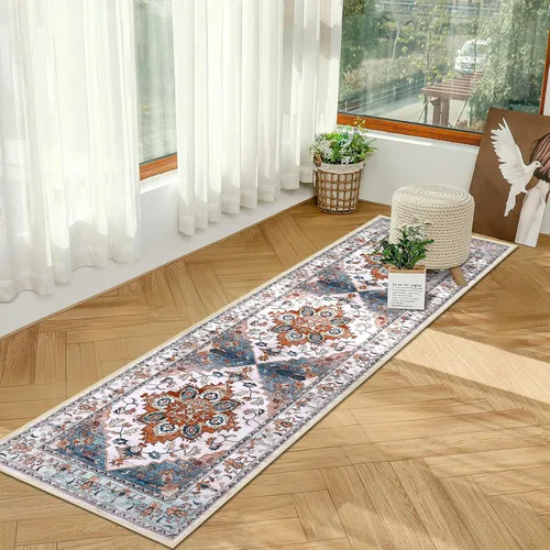 Vista 4 de Bsmathom Alfombra de pasillo para pasillos, antideslizante, lavable, estilo bohemio, 2 x 6 pies, alfombra de pelo bajo, alfombra vintage para Azul