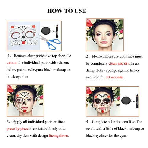 Vista 7 de Calcomanías de tatuaje facial de Halloween, tatuajes del Día de los Muertos, calcomanías de transferencia de agua con tela floral roja rosa negra